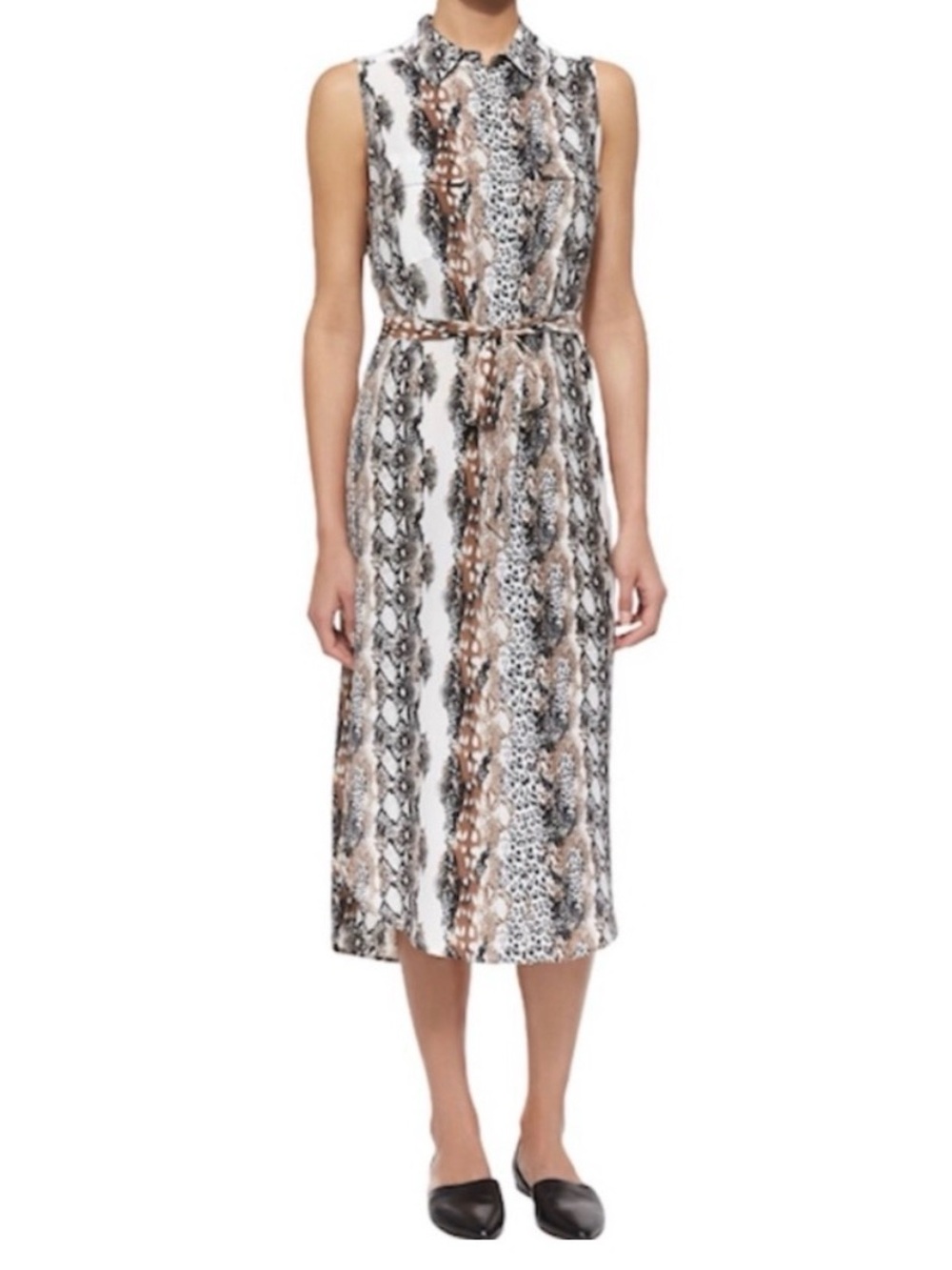 Equipment Tegan Sleeveless Midi Dress in White, Black & Brown Animal Print